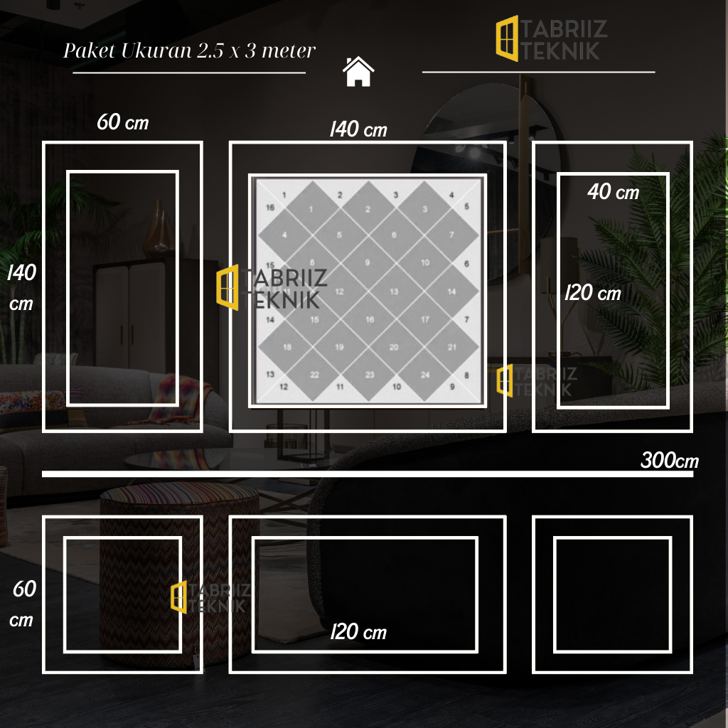 Paket Wall Moulding Kayu dan Kaca Ukuran Dinding 2.5 x 3 meter Dekorasi Rumah Custome Langsung Pasan