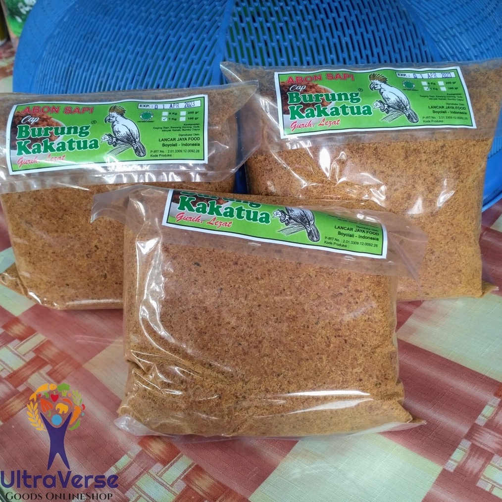 

1212 Promo Brand Abon Sapi Cap Kakatua Boyolali 1kg Cap Burung Kakatua Label Hijau Granul Halus Halal Murah grosir