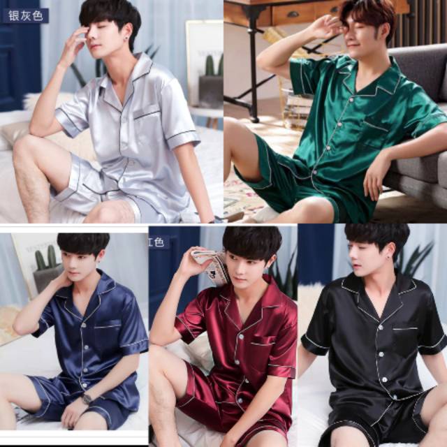 1212 Piyama baju tidur pria satin pendek fashion polos