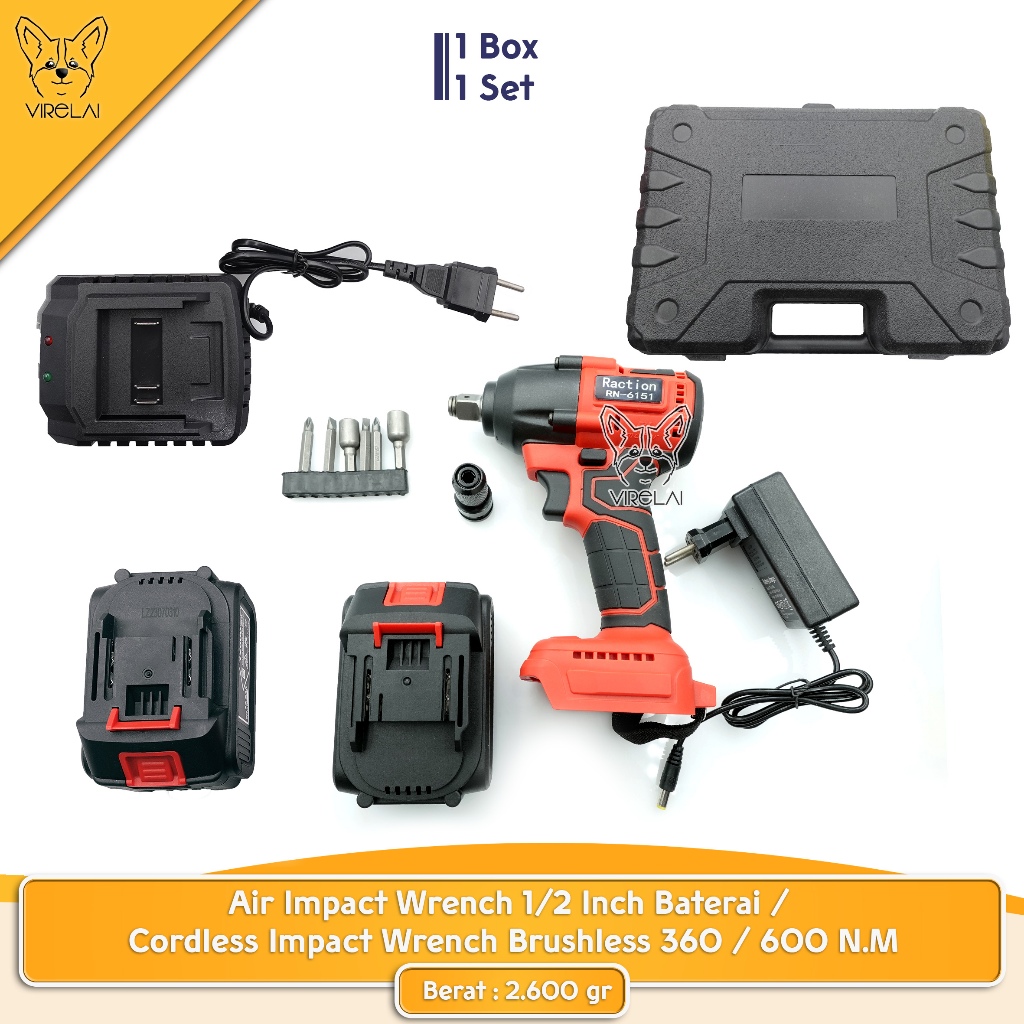 Air Impact Wrench 1/2 Inch Baterai /  Cordless Impact Wrench Brushless 360 / 600 N.M [RACTION / JLD]