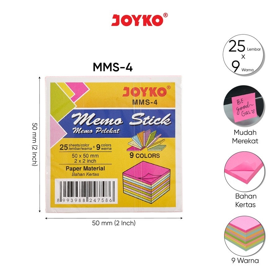 

Memo Stick MMS 4 Joyko / Sticky Note MMS-4 / Kertas Memo Tempel Catatan 9 Warna