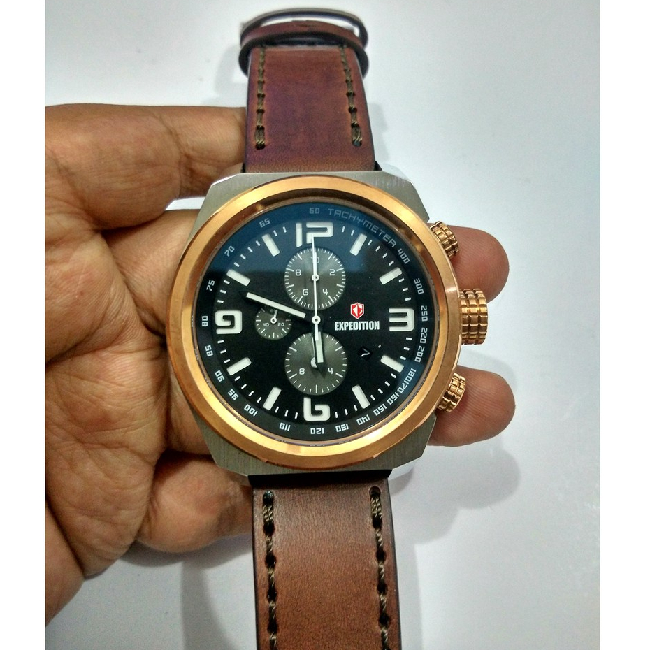 Jam Tangan Pria Expedition E6356 6356 Silver Rosegold Black Leather Original