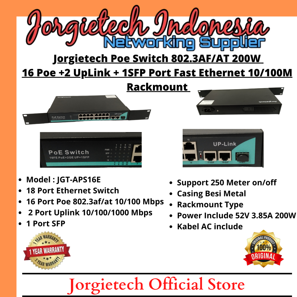 Jorgietech JGT-APS16E Smart Switch Poe+ Poe 200 Watt 10/100Mbps 18 Port with 16 FE POE 2 GE Uplink 1