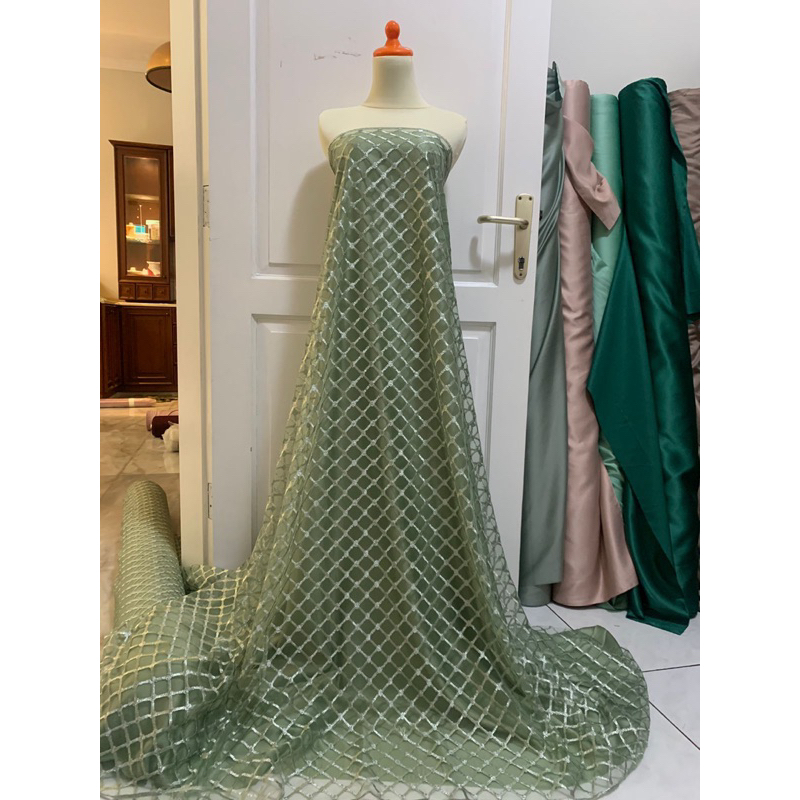 Kain Brukat Tile Maze Mesh Tulle Square Kotak Jaring Warna Sage Green