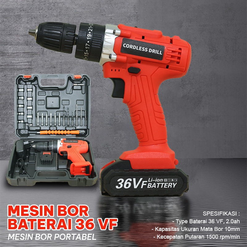 PROMO Mesin Bor Baterai Tangan Fullset FREE 1pcs Battery 36V / Cordless Drill Koper Impact Lengkap (