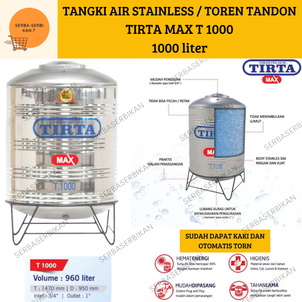 TANGKI TOREN AIR STAINLESS TIRTA MAX T1000 liter TEGAL BREBES