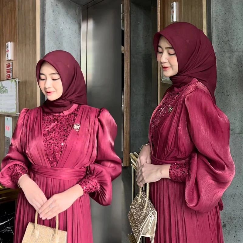 New Adelia Dress Wanita Matt Shimer Aplikasi Tille Sequin Busui Resleting Depan Belt Pisah Terbaru A