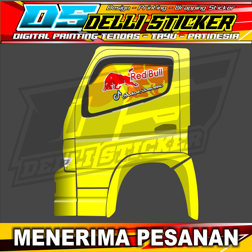 Stiker One Way Truk Canter Gambar Red Bull Kaca Pintu Samping