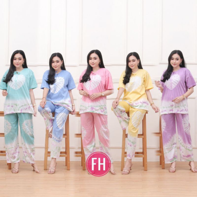 one set setelan kaos abstrak pelangi wanita baju tidur baju santai tie dye tidi celana panjang