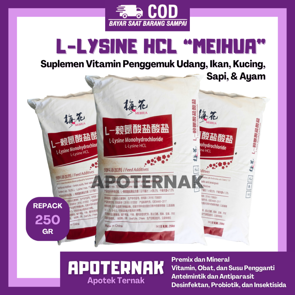 LYSINE 250gram - Suplemen Vitamin Penggemuk Udang Ikan Kucing Sapi Ayam | L-LYSINE Monohydrochloride
