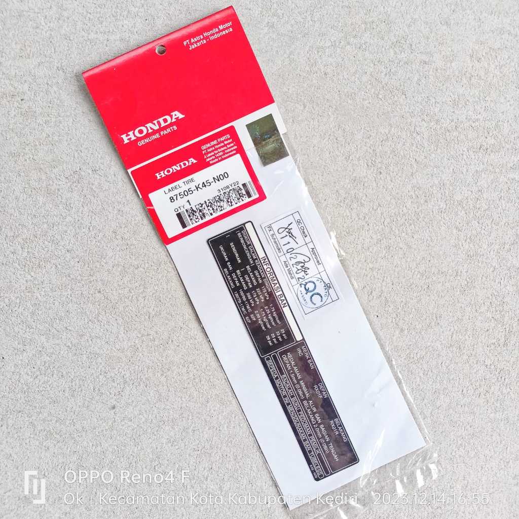 Sticker Label Tire - Stiker Informasi Ban Honda CB150-R CBR-150 Ori AHM 87505-K45-N00