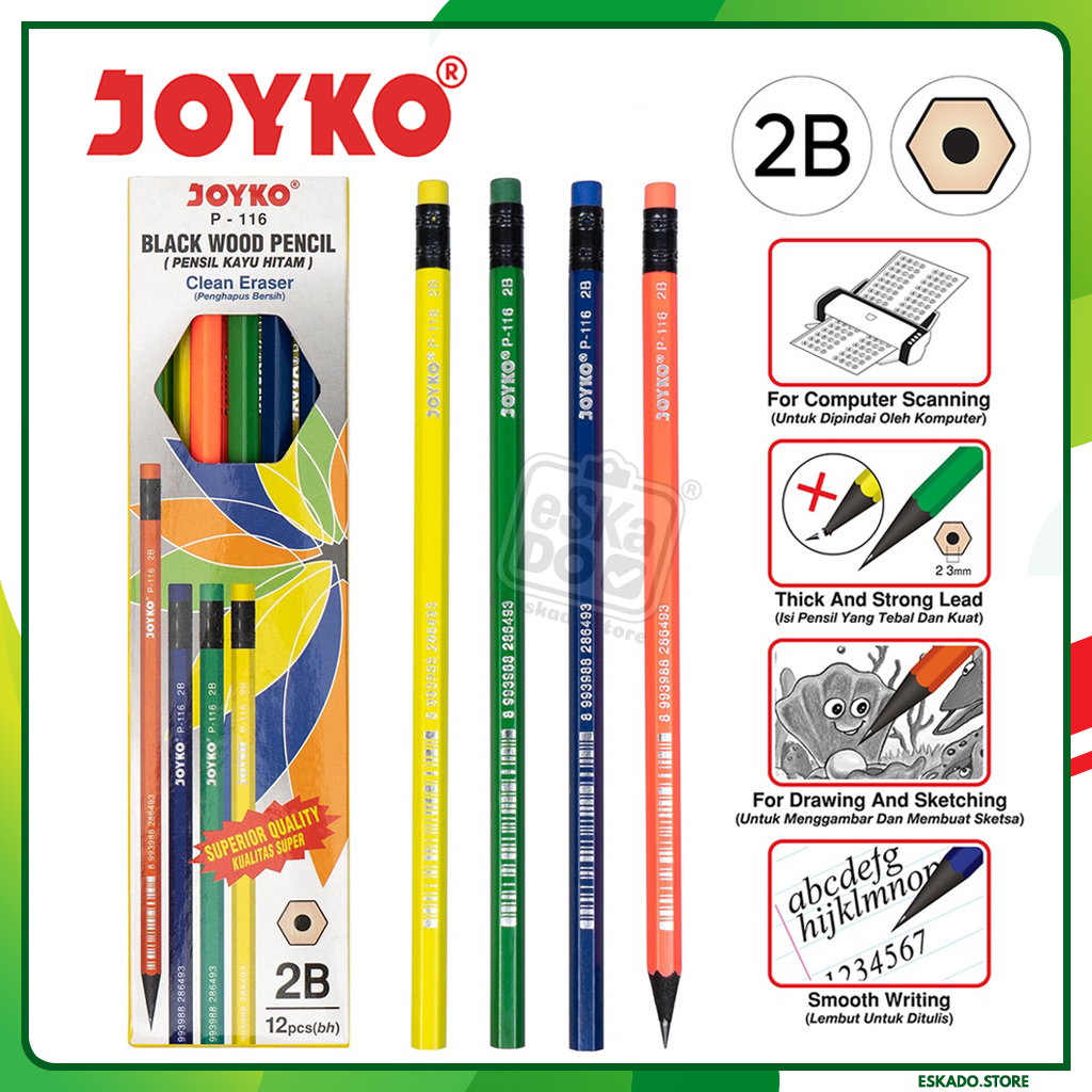 

Pencil / Pensil Joyko P-116 2B Black Wood with Eraser (1 Box / 12 pcs)