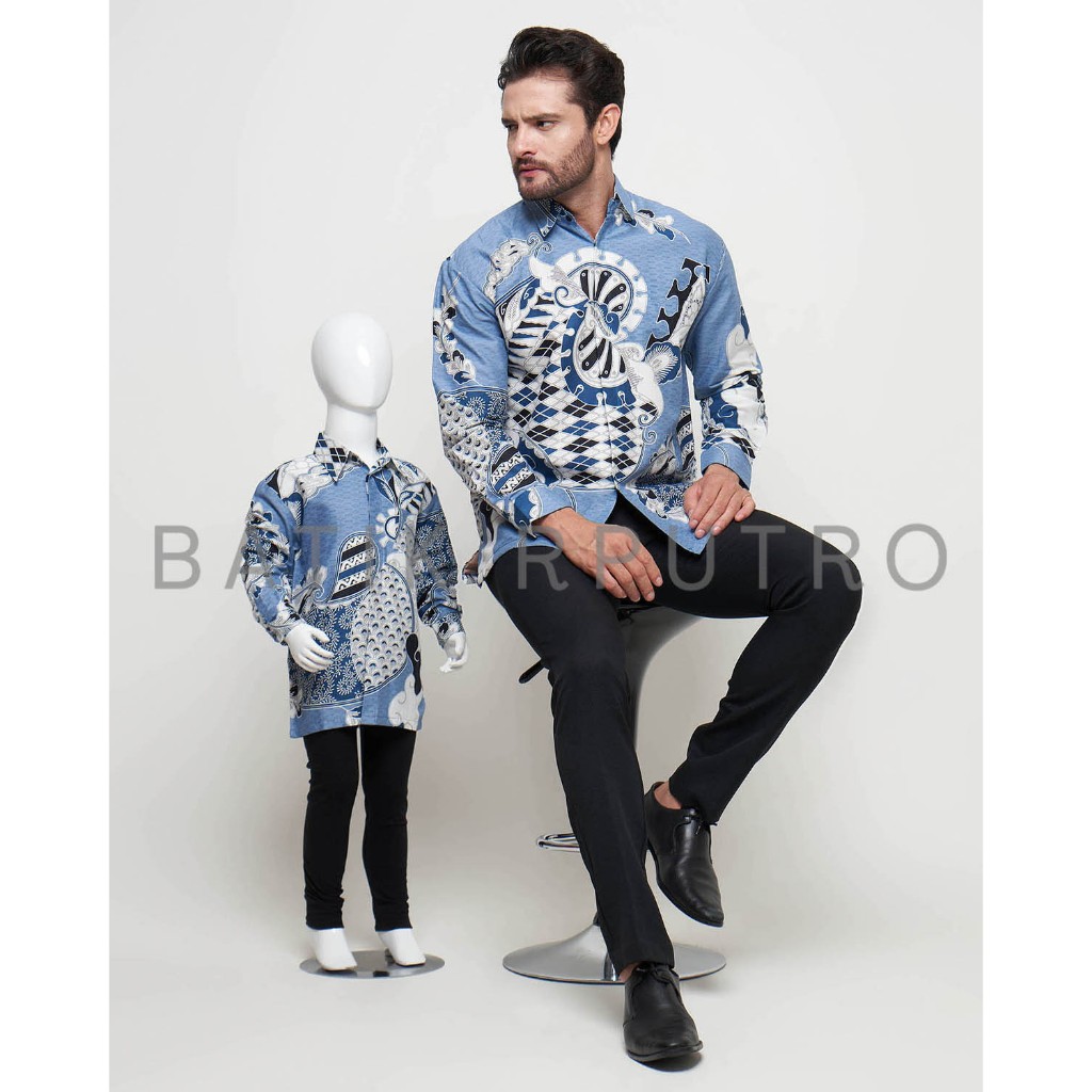 Batik Couple Ayah Anak Baby Blue, Kemeja Batik Pria Baby Blue, Kemeja Batik Biru Muda