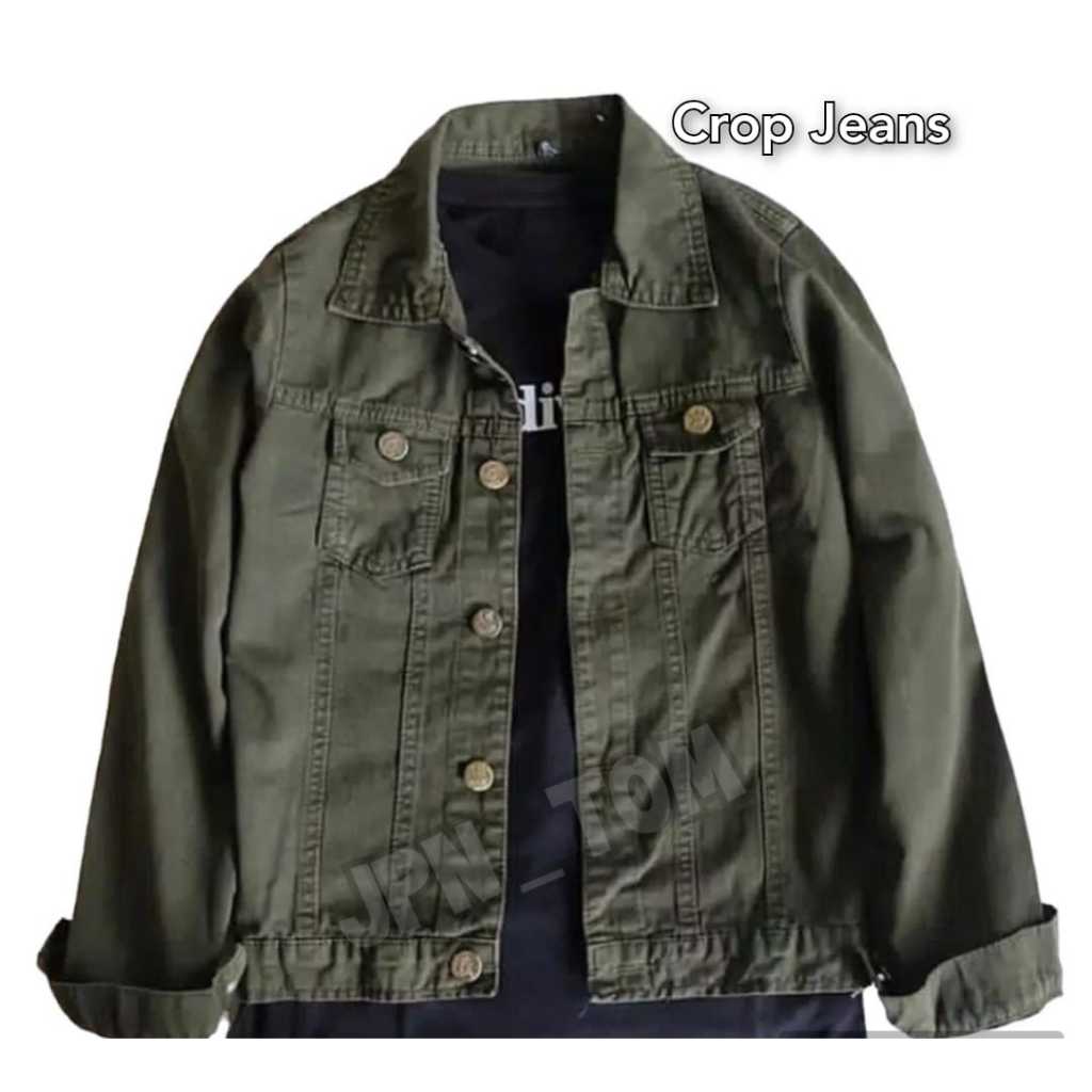 Jaket Denim Wanita Crop Polos Hijau Army Jacket Jeans Cewek Cropt Green Jins Slimfit Bodyfit
