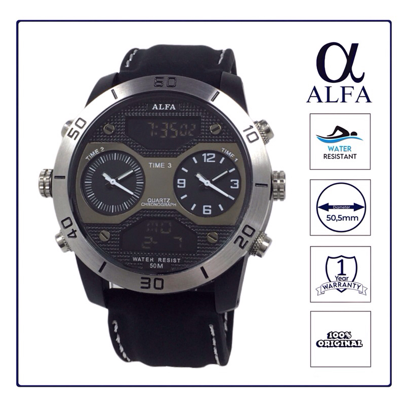 ALFA Jam Tangan Pria Three Time Karet Tahan Air 8006 Original