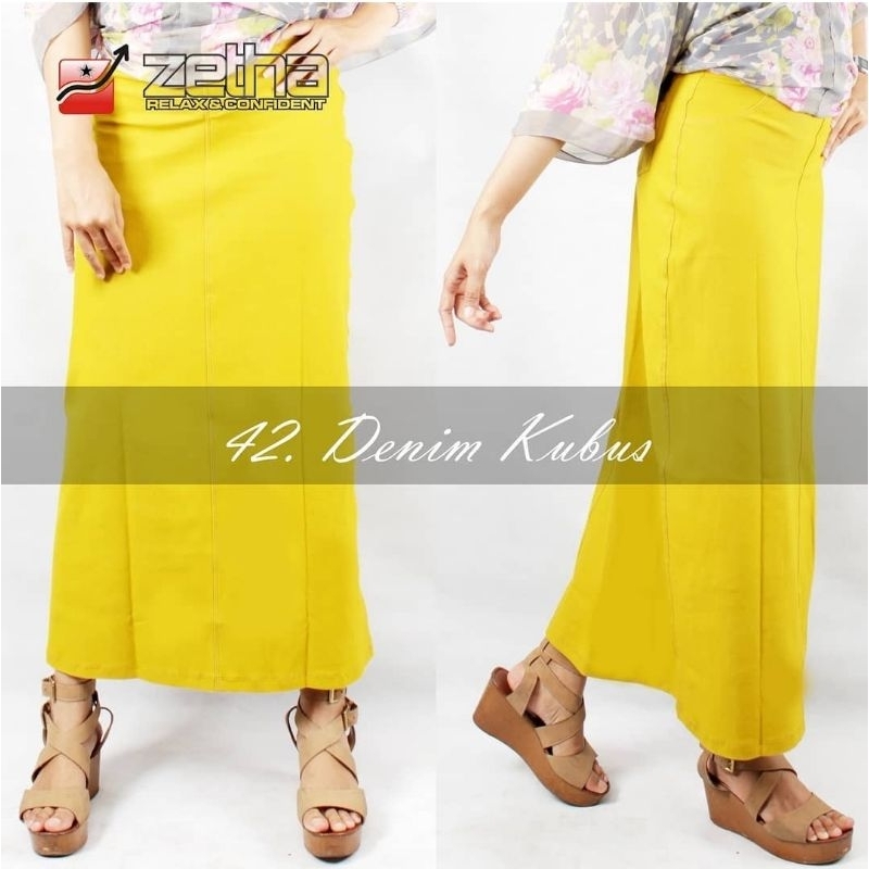 Rok Zetha Panjang Wanita Warna Denim Kuning Busuk | Rok Kerja Kantor | Rok Denim | Rok Model A - Lin