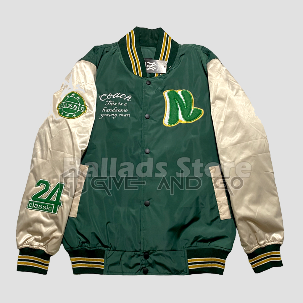 Jacket Varsity  Baseball Pria Wanita Premium Bordir Coach Essent 24 Green Cream Original
