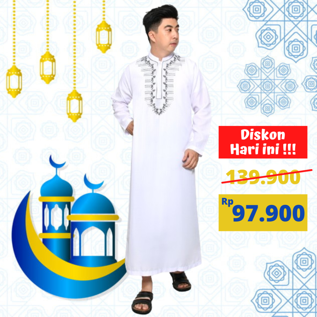 Jubah Pria Gamis Pria Dewasa Baju Jubah Gamis Muslim Pria Putih Polos Lengan Panjang Bordir RE