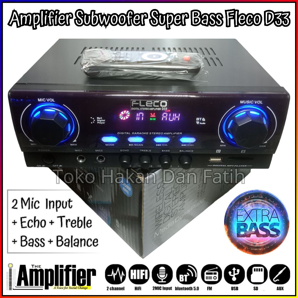 Amplifier FLECO D-33 BISA BASS, TREBEL, ECHO, BALANCE, Bluetooth, Stereo, 2 Mic Karaoke, Mp3 player,