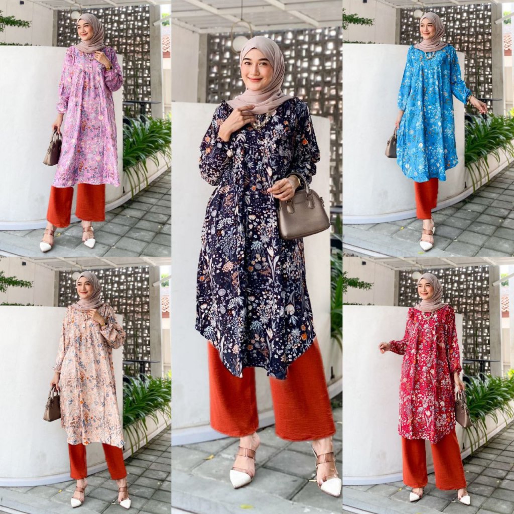 OneSet Long Tunik Batik Rayon Mix Cringkle Setelan Tunik Terlaris Style Wanita Hijab OneSet Kekinian