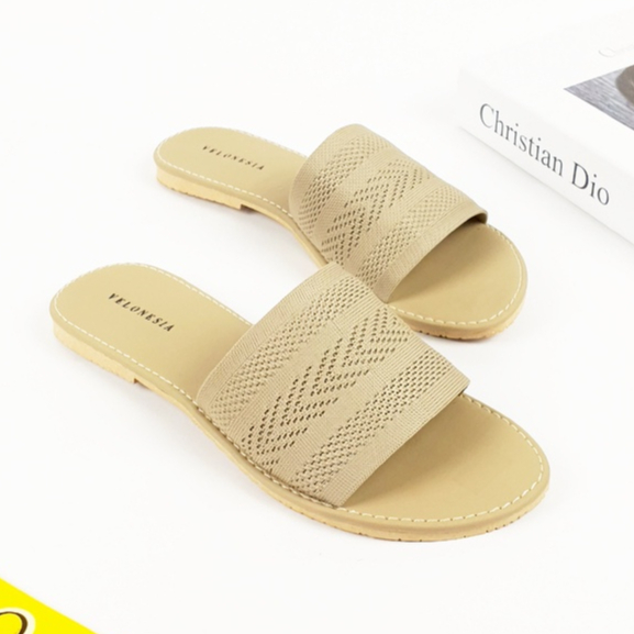 KAMALA Velonesia Sandal Flat Rajut Wanita Alas Karet Nonslip Sendal Flat Wanita Motif Rajut Impor