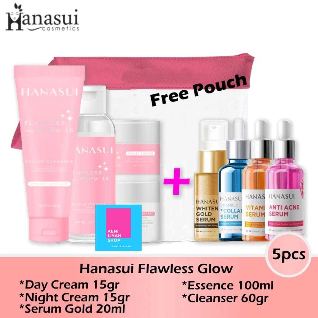 Hanasui Flawless Glow 5pcs (Day+Night+Serum+Essence+Cleanser) / PAKET Hanasui Flawless Glow 5pcs