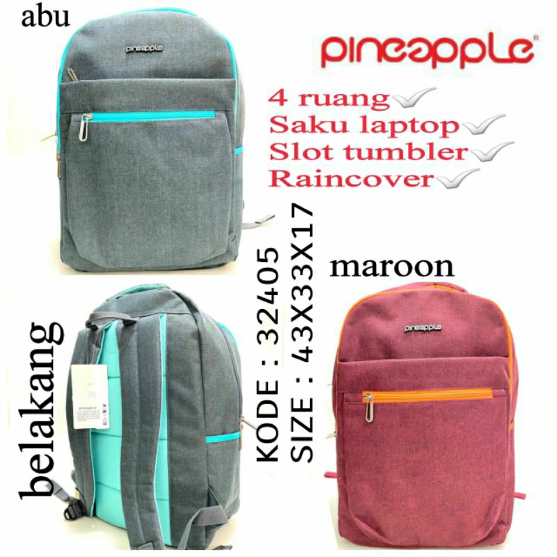 Tas Ransel Sekolah Wanita Original Pineapple 32405 Warna Maroon Abu / Ransel Pineapple Terbaru