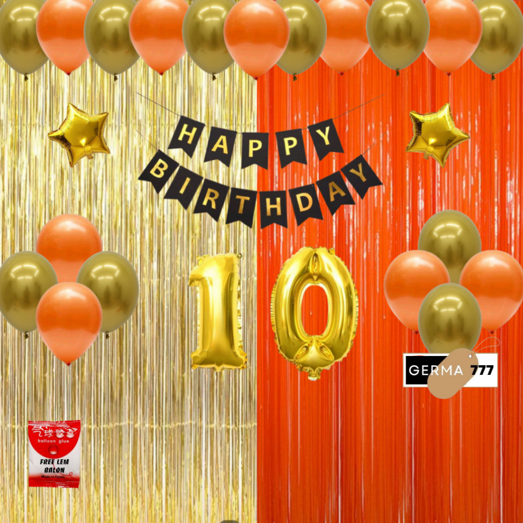 Set Dekorasi Ulang Tahun Anak Tirai Gold Mix Oren Cewek Cowok Ultah Dekor Happy Birthday Hemat