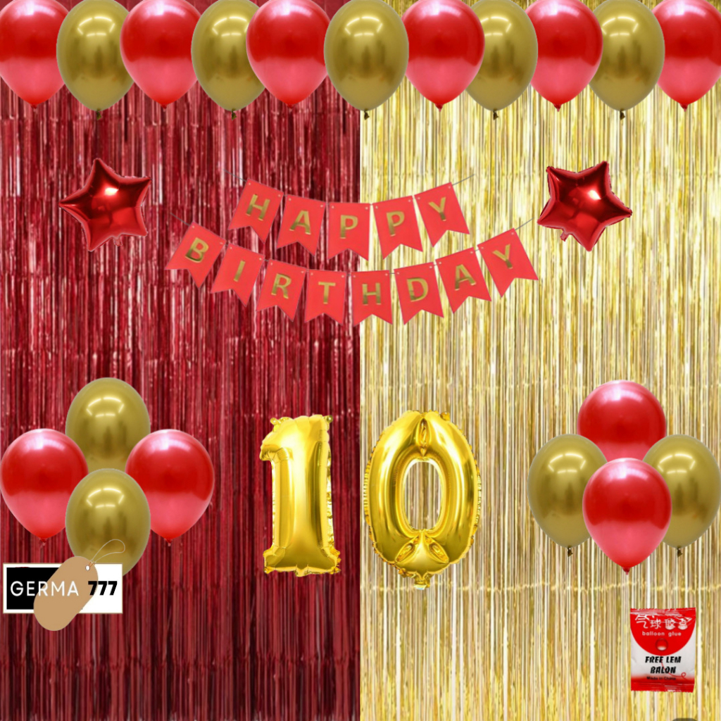 Set Dekorasi Ulang Tahun Anak Tirai Gold Mix Merah Cewek Cowok Ultah Dekor Happy Birthday Hemat
