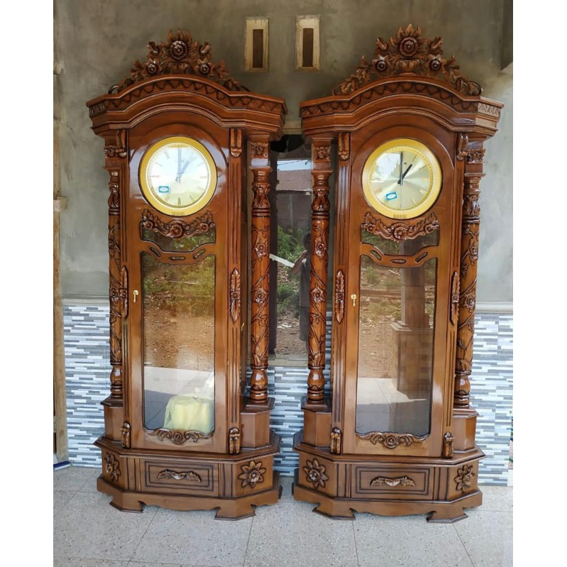 Lemari Jam hias ukir jati mawar Termurah - lemari jam jati murah - lemari jam ukir jati - jam hias j