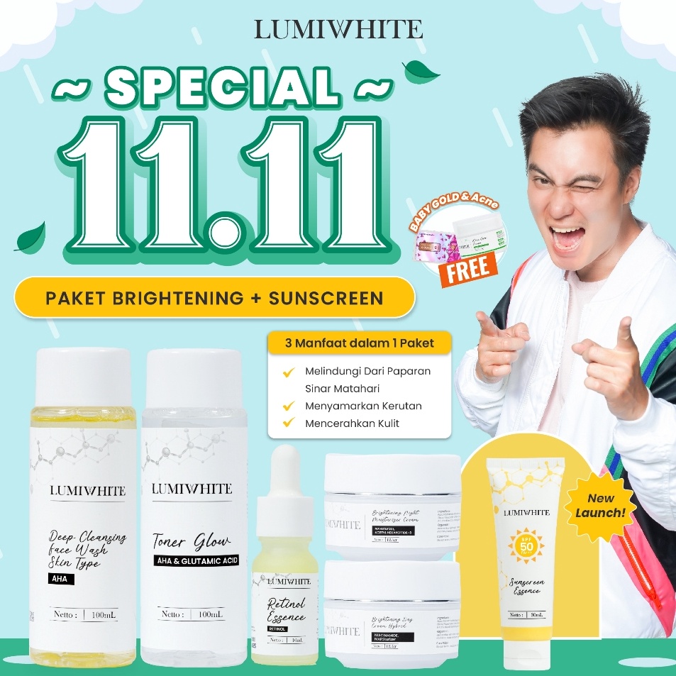 Diskon Promo Lumiwhite x Baim Wong  Paket Brightening  Sunscreen SPF 5 PA 1 Acne Cream  1 Baby Gold 