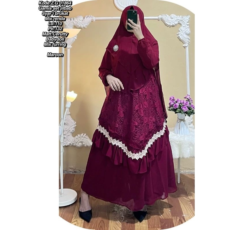 Gamis Ceruty Motif SET JILBAB syar'i kombinasi renda