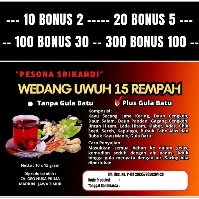 

DISKON 1 Pack Isi 1 pcs Wedang Uwuh Komplit Pesona Srikandi