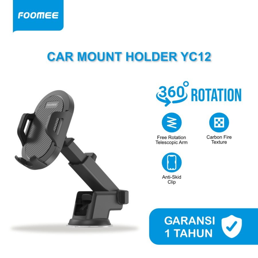 Foomee YC12 Car Holder Mobil Stand Penyangga HP Mount Telescopic Arm Up to 6.8" Stent Garansi Resmi