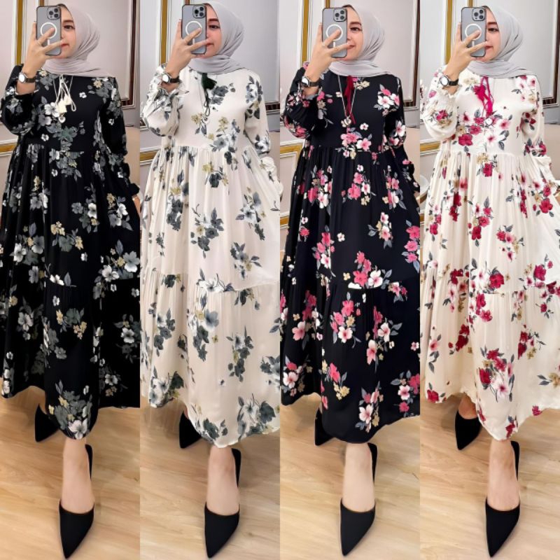 GAMIS MIDI DRES ADINDA RAYON DIAMOND PREMIUM - GAMIS MIDI DRES MOTIF BUNGA TERBARU