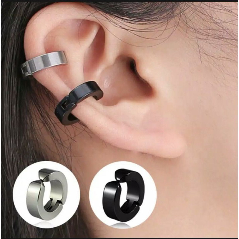 Anting Jepit Pria Wanita Korea Sepasang Warna Hitam Anting Gaya tindik & Tanpa Tindik