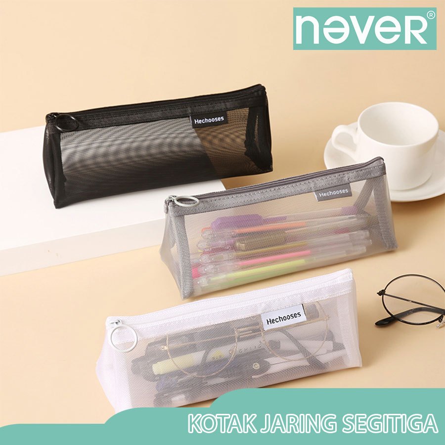 

Never Official- Tempat pensil segitiga bahan mesh transparan/ Pouch kosmetik segitiga bahan jaring/ Gimen mesh zipper pencil case