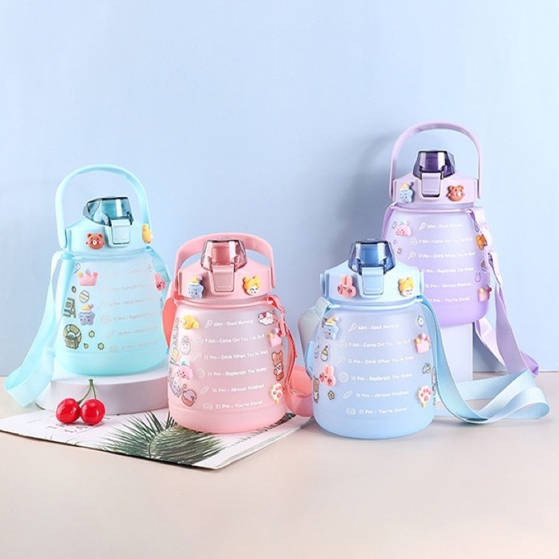 BOTOL AIR MINUM GEMOY BULAT / KOTAK VIRAL AUREL STIKER GRADASI 1.3 LITER PENGINGAT WAKTU BPA FREE