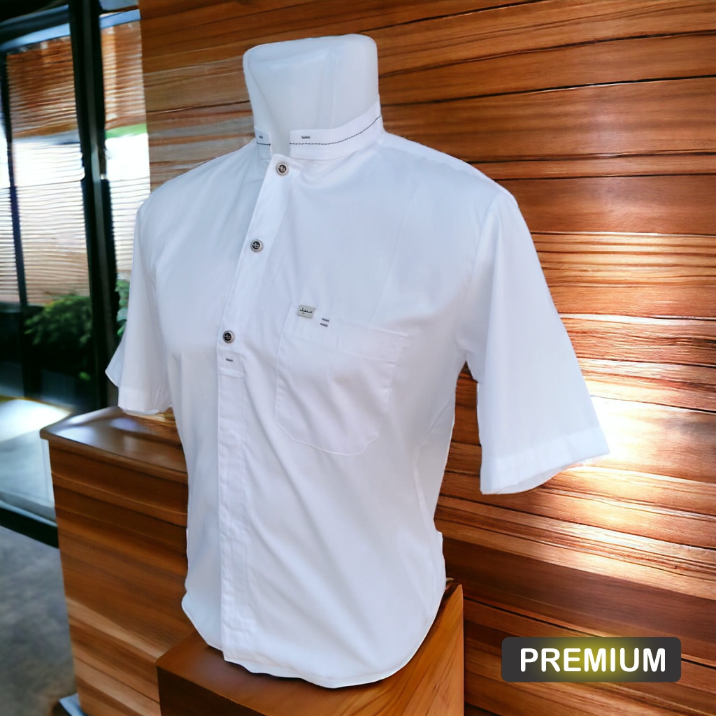 Baju Koko lengan pendek dewasa polos Katun premium Size M aksen kancing modern termurah - putih