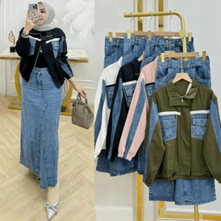 Realpict - Nesya Set Rok Jeans + Jaket | Ribon One Set Atasan + Rok Katun Toyobo Terbaru | Setelan W