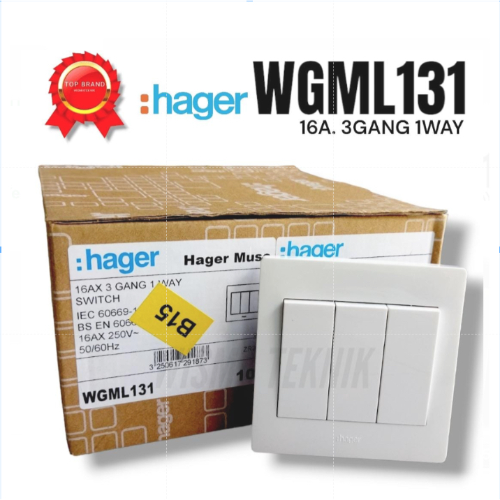 Saklar listrik 3 gang 1 way WGML131 Hager