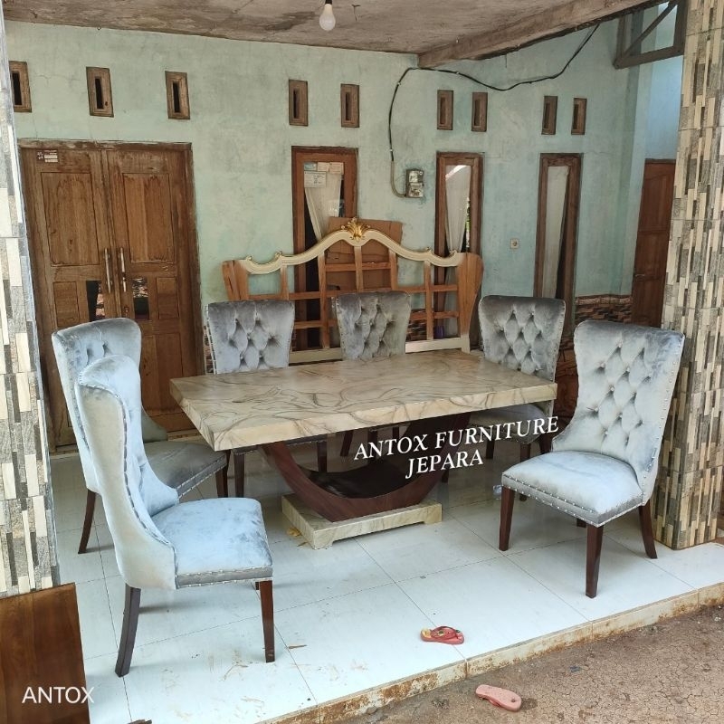 meja makan minimalis kayu jati top meja finishing cat duco motif, meja makan jati modern, meja makan