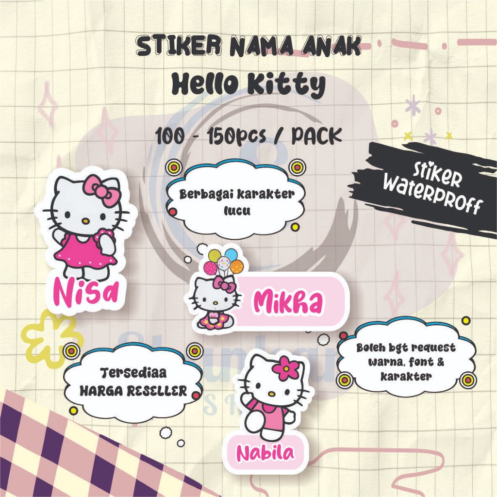 

( 100-150pcs) Stiker Nama TEMA HELLO KITTY / Stiker Tumbler / Stiker Barang / Stiker Efek Hologram