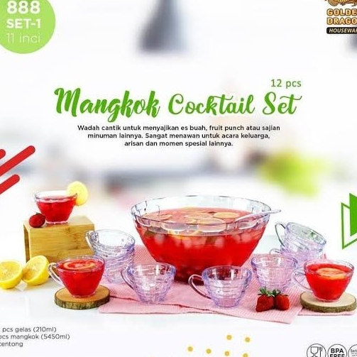 Mangkok Cocktail Set Premium Golden Dragon 11" + 10 Gelas + Sendok / Centong Mika Akrilik Bening Ant