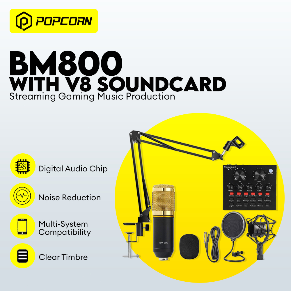 Popcorn BM800 With V8 Soundcard Condenser Microphone Profesional Audio Kartu Suara Set Untuk Karaoke