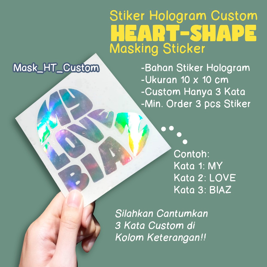 

Stiker Hologram Cutting Masking - Bahan Vinyl Hologram Pelangi - Bentuk Heart-Shape Bentuk Hati - Custom 3 Kata