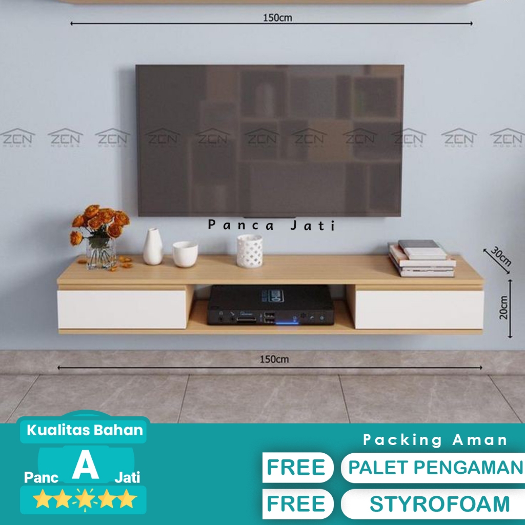 Meja TV Minimalis Modern Gantung 2 Laci Warna Serat Kayu dan Putih
