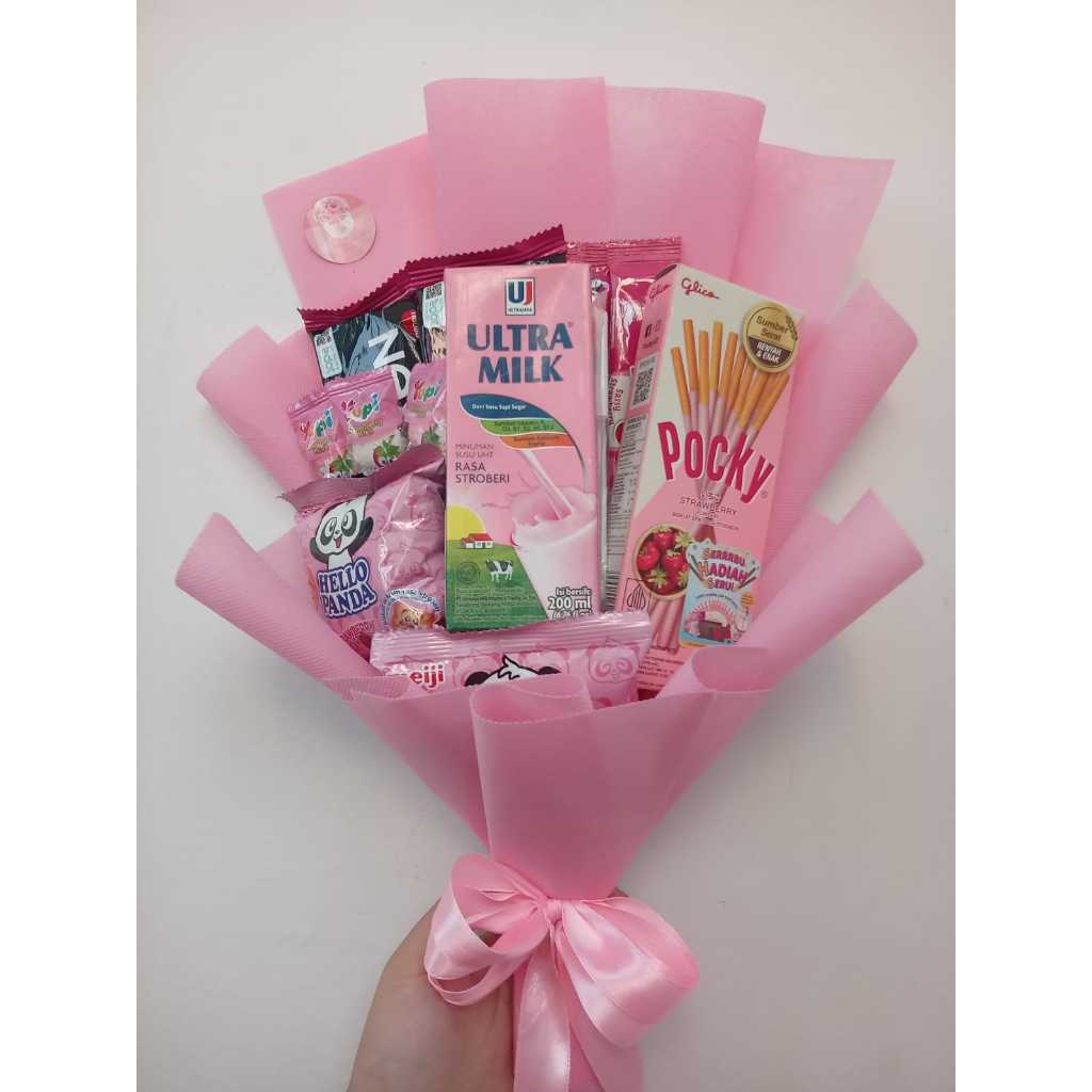 

bucket snack wisuda ulang tahun pink susu
