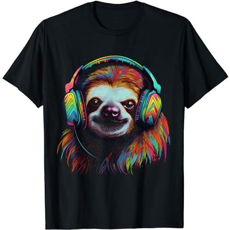 BAJU KAOS Sloth Artwork Music Colourful Animal Headphones Sloth T-Shirt