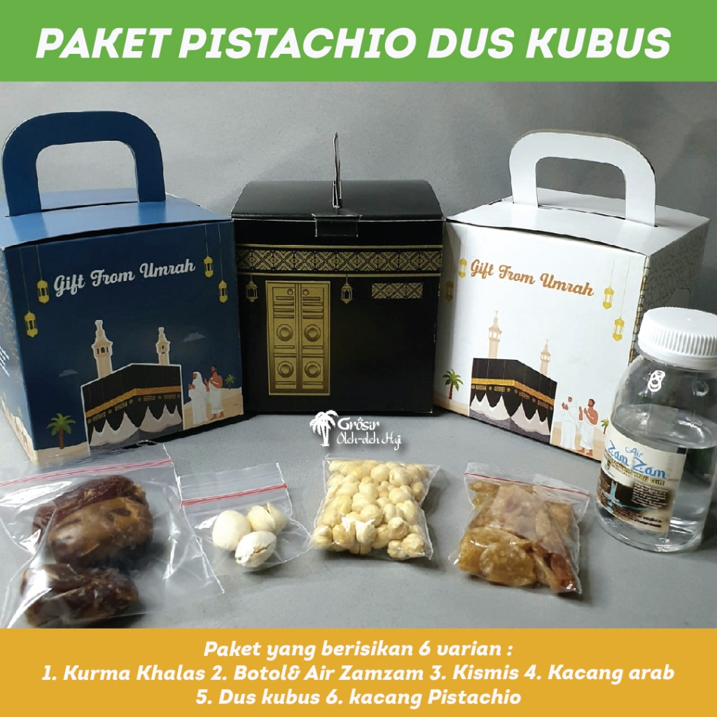 

Paket Oleh Oleh Haji dan Umroh dus kubus + Air Zamzam+ botol 80ml + Kacang Pistachio + Kismis Golden